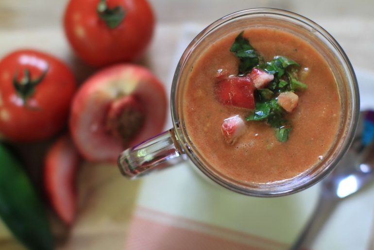 Fresh and easy summer tomato, peach, jalapeno gazpacho by Everybody Craves.