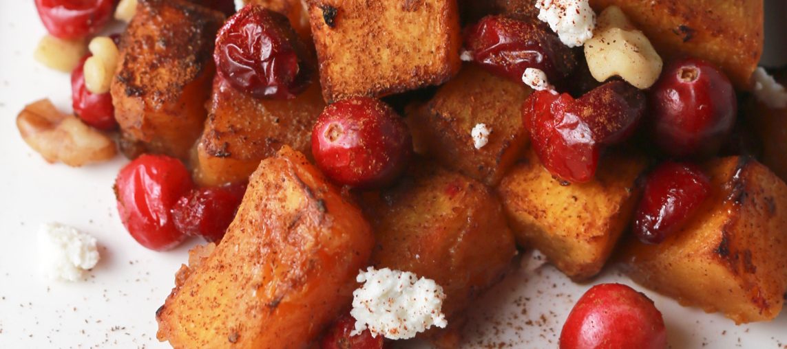 Roasted butternut squash with cranberries and goat cheese