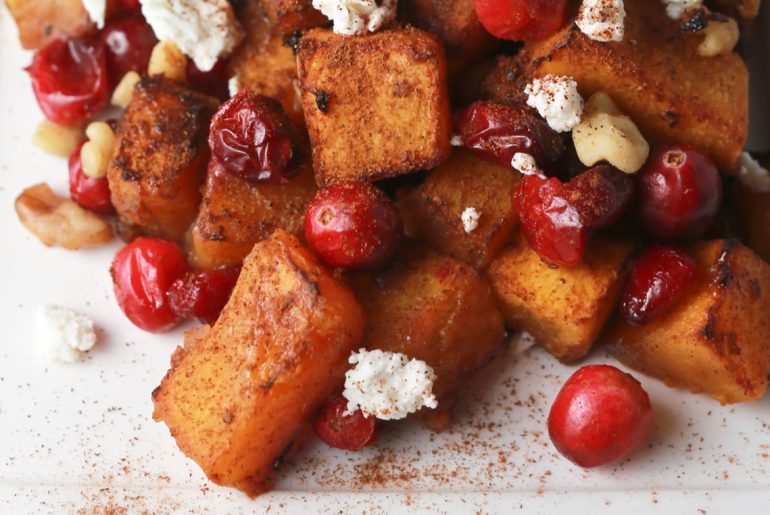 Roasted butternut squash with cranberries and goat cheese