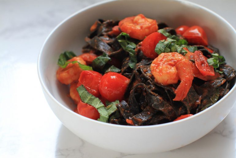 Squid Ink Fettuccini with Shrimp and Cherry Tomatoes Recipe by Everybody Craves